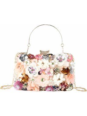 Women Chempagne Clutches Top Flower Chain Strap Evening Handbag Shoulder Bag
